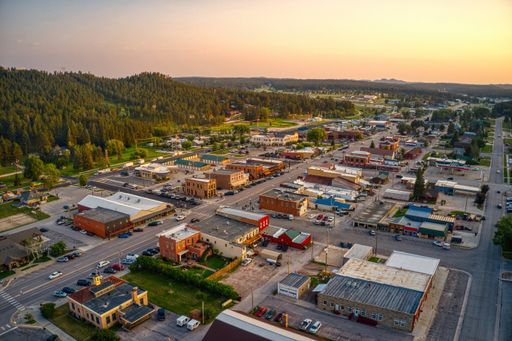 An aerial view of Custer, South Dakota at sunset