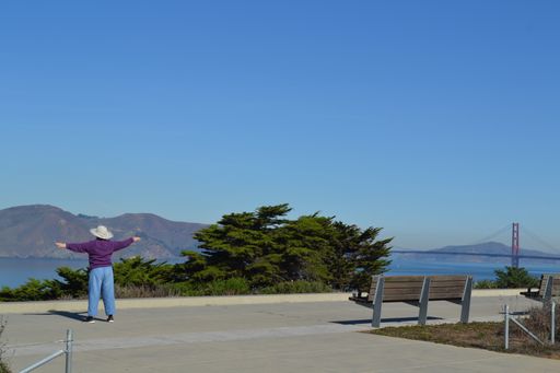 A wide shot of a female near trees and benches on the background of the Golden Gate Bridge in San Francisco