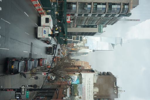 A vertical shot of a busy street in New York City, United States