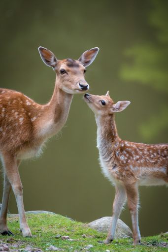 A portrait of a beautiful mother deer with her baby in the wild forest
