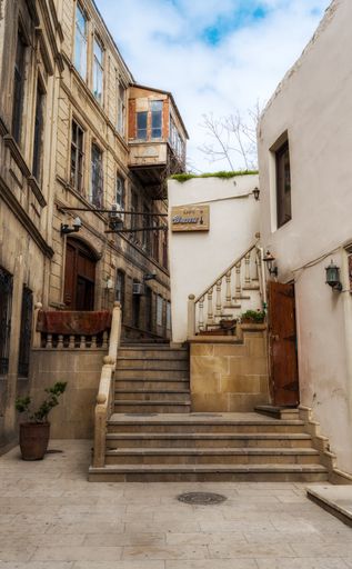 A beautiful vertical view of buildings in narrow streets of the old city in Baku Azerbaijan