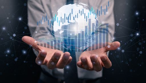A businessman investing in stocks display world map hologram graph business growth illustration