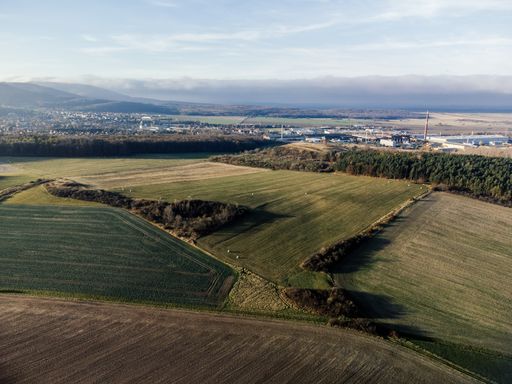 A drone shot of fields in the Ilsenburg district in Druebeck, Harz, Saxony-Anhalt, Germany