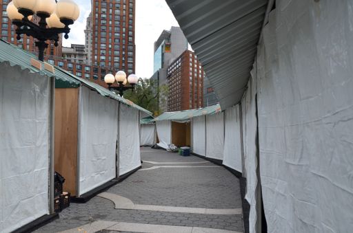 The holiday market stalls are being built at Union Square in New York City ahead of the holiday season