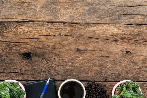 A top view of houseplants, a coffee mug, beans, a notebook and a pen on a wooden desk