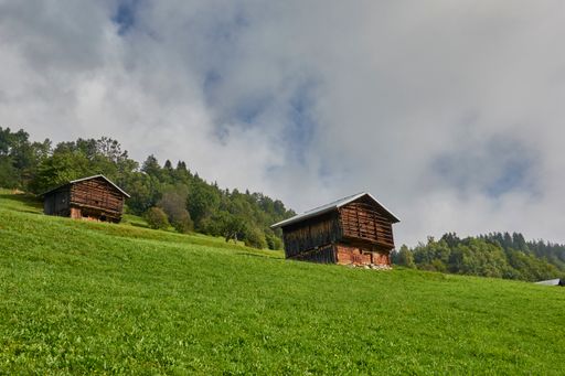 A pair of small wooden houses on a steep bright green hill surrounded by lush trees under a cloudy sky