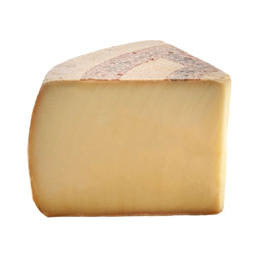 A close-up of a wedge of hard cheese with a natural rind, isolated on a white background.