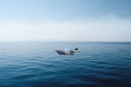 A dolphin gracefully leaps out of the calm ocean under a clear blue sky, showcasing the beauty of marine life.