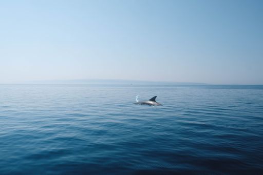 A dolphin swimming in the calm blue ocean under a clear sky, showcasing serene marine life.