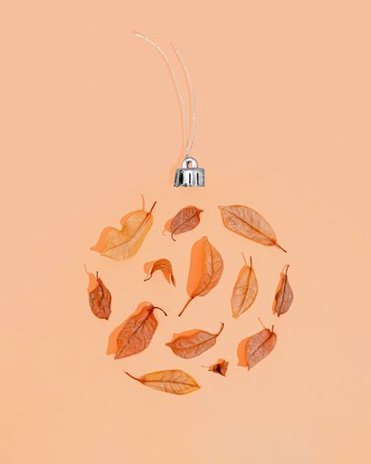 A beautiful shot of a Christmas ball decorated by autumn leaves