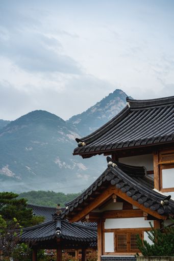 A vertical shot of a traditional building on a gloomy day in South Korea
