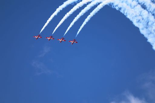 Four Canadian Snowbirds perform loops with smoke trails at San Francisco Fleet Week.