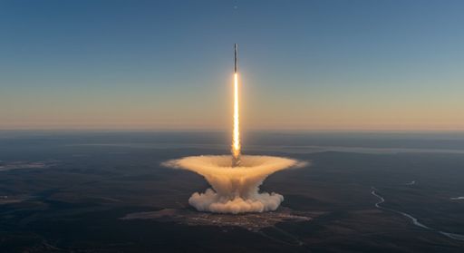 A rocket launches into the sky leaving a trail of smoke, set against a vast landscape at sunset.