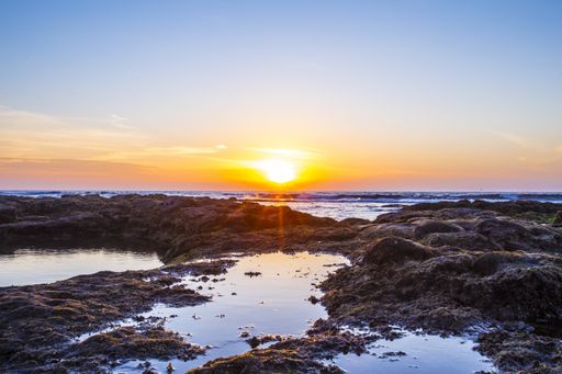 A breathtaking scenery of sunset over Salinas del Janubio on the island of Lanzarote, Canary Islands, Spain