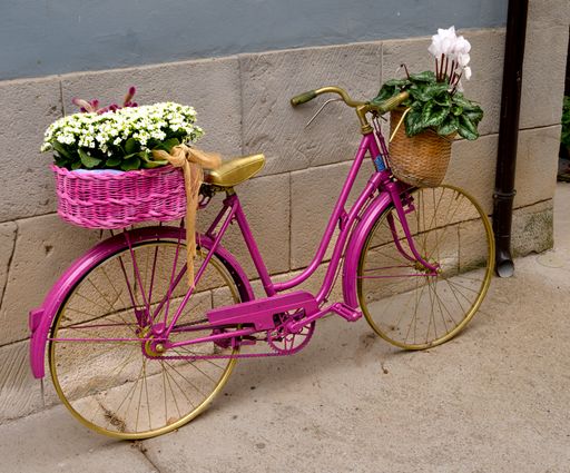 A close-up shot of a pink parked bicycle with beautiful flowers in the straw baskets