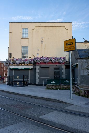 A vertical shot of pubs, restaurants, churches closed due to pandemic restrictions. Dublin, Ireland