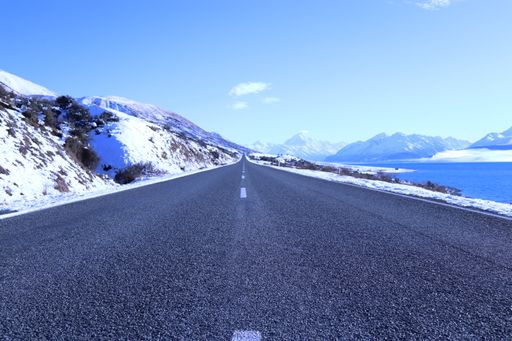A long icy road leading to Mount Cook in New Zealand