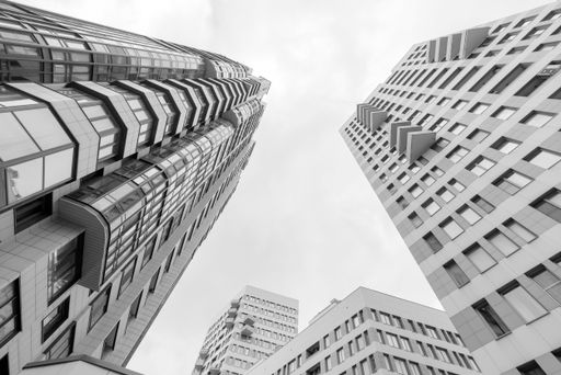 A low angle shot of high-rise buildings