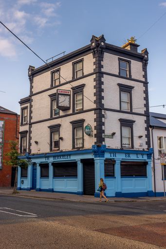 A vertical shot of old buildings in Dublin street during the sunset