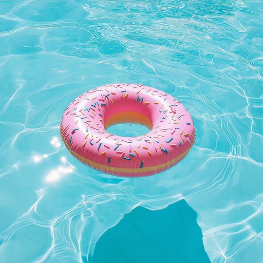 A pink donut-shaped pool float with sprinkles floating in a clear blue swimming pool on a sunny day.