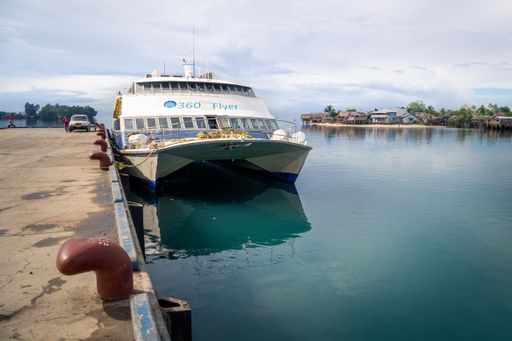 360 Flyer ferry docked at the main Wharf in Auki, the provincial capital of Malaita Province in the Solomon Islands.