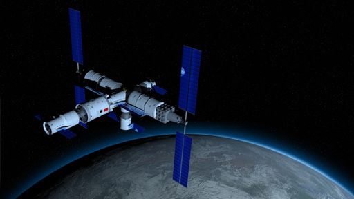 View of TIANGONG 3 - Chinese space station orbiting the planet Earth on black space with stars background. 3D Illustration