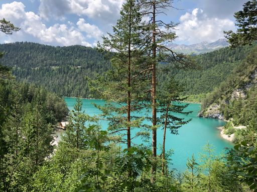 An aerial view of a lake with trees in the foreground