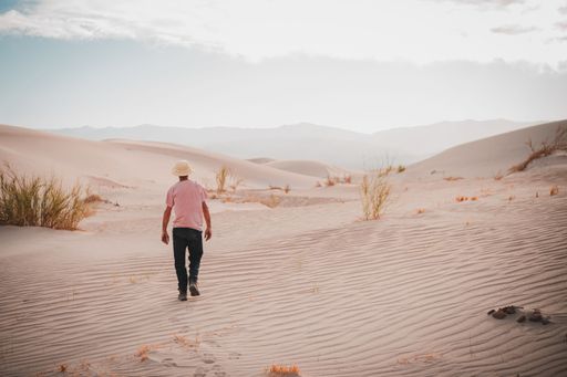 A man in his 30s wearing a hat and pink shirt walks through a serene desert landscape with sand dunes under a cloudy sky.