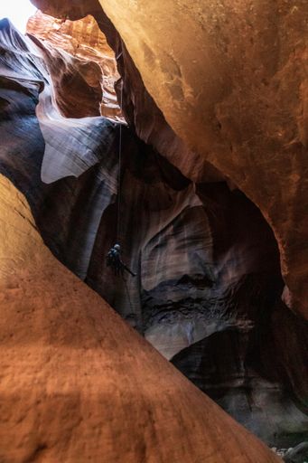A vertical shot of a cannoneer rappelling through a slot canyon