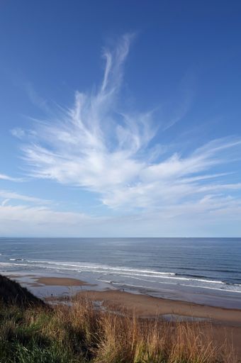 A vertical shot of the beach and cloud formation at Saltburn-by-the-Sea, North Yorkshire, UK