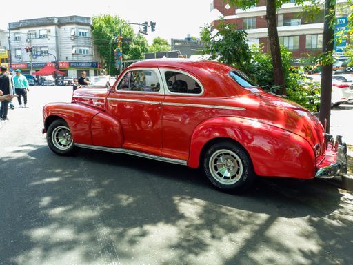 vintage red Chevrolet Chevy Stylemaster 1946-1948 sedan two door built by General Motors. Expo Warnes 2021 classic car show.