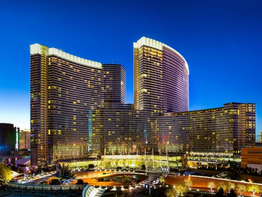 An aerial shot of the Aria hotel in Las Vegas