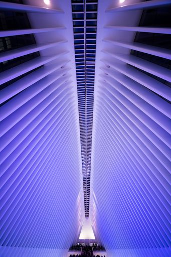 A vertical shot of the crowd gathered in the World Trade Center subway station in Downtown Manhattan, NY, USA.