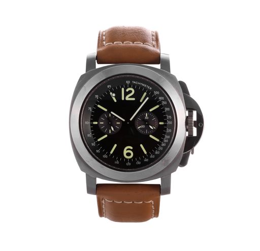 A closeup shot of a silver watch with a brown leather band isolated on a white background