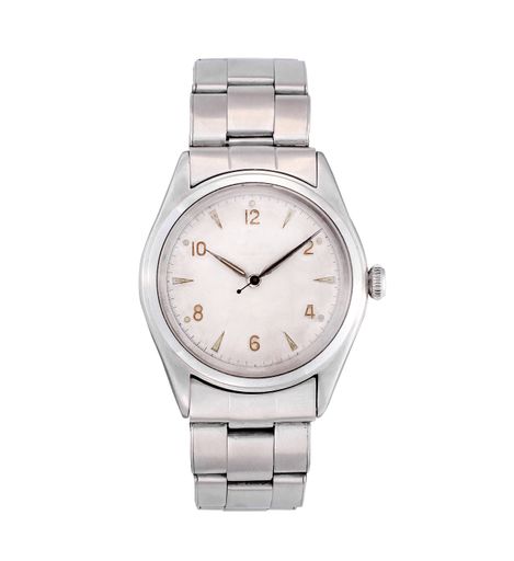A closeup shot of a silver watch isolated on a white background