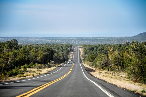 Very straight road going towards Grand Canyon National Park, with some clouds on the horizon and nice green trees on each side of the road.