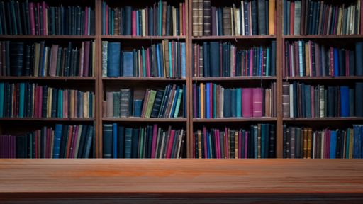 A wooden bookshelf with many thick and thin books with colorful covers