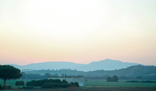 A beautiful shot of building near a grassy field with trees and mountains in the distance in the Italian countryside