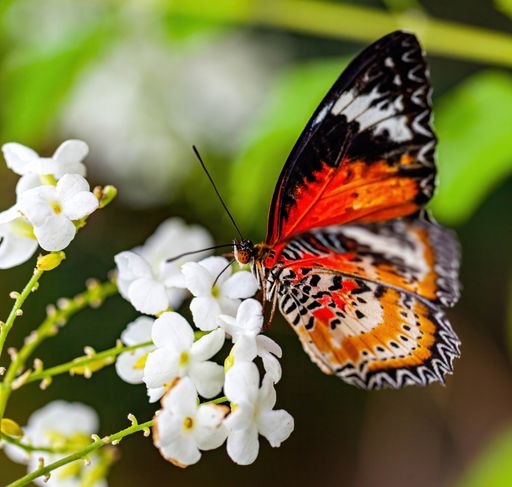 A closeup shot of the Cethosia biblis butterfly perched on a white flower