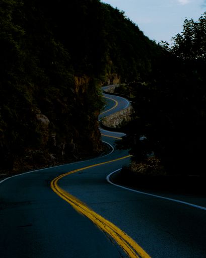 A vertical shot of a country road surrounded by nature in the evening