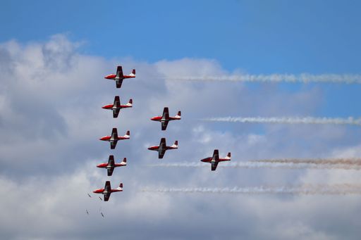 Eight Canadian Snowbirds perform with smoke trails at San Francisco Fleet Week