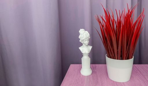 On the table there is a statuette of a female silhouette and artificial grass in a pot