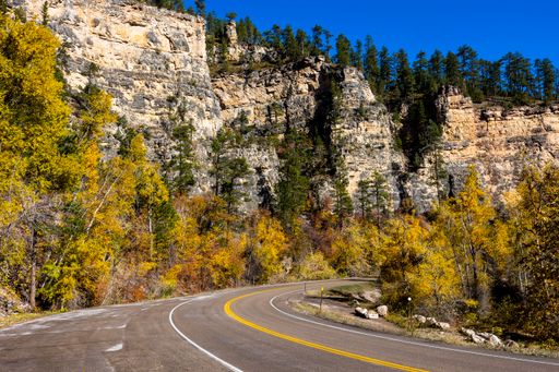 The Spearfish Canyon with colorful trees and an empty road under a blue sky in South Dakota