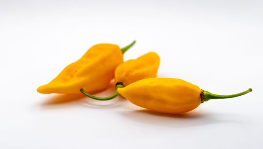 Close-up of three bright yellow chili peppers on a white background.