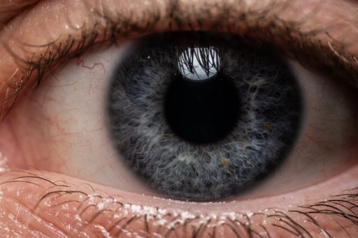 A close up shot of blue eye of a Caucasian person
