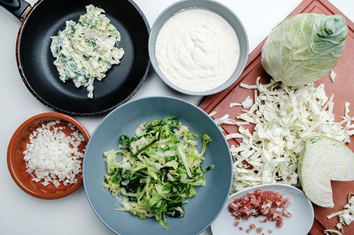 A top view of cut ingredients ready for preparation