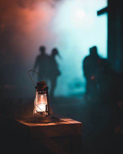 A lamp shining the way in the mysterious alley and people on the background - mystic concept