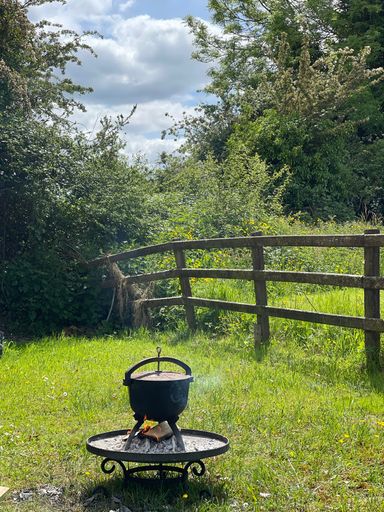 The vertical shot of the iron pot in a garden