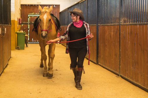 A Caucasian adult female training a horse