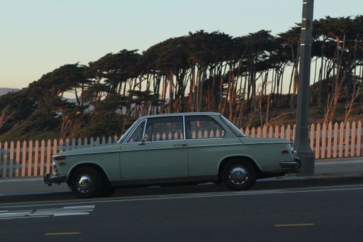 A gray retro car parked on the asphalt road on the background of trees under a clear sky